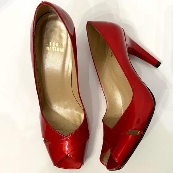 EUC Stuart Weitzman Max Red Quasar Patent Leather Peep Toe Heels - Picture 1 of 9